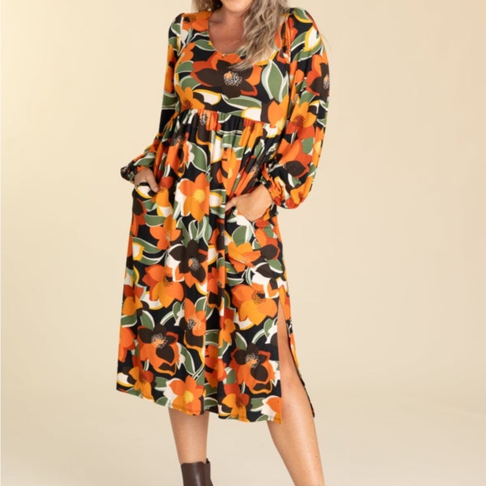 Floral Long Sleeve Dress - Orange and Black
